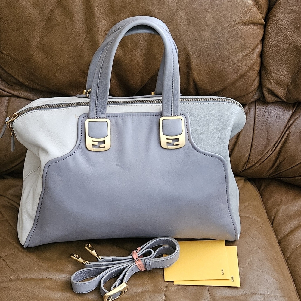 Fendi Grey Ivory Metallic Gold Leather High-End Luxury Handbag Satchel .